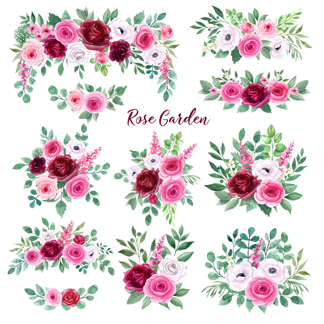 Rose Garden - Set of Watercolor Flowers bouquets.