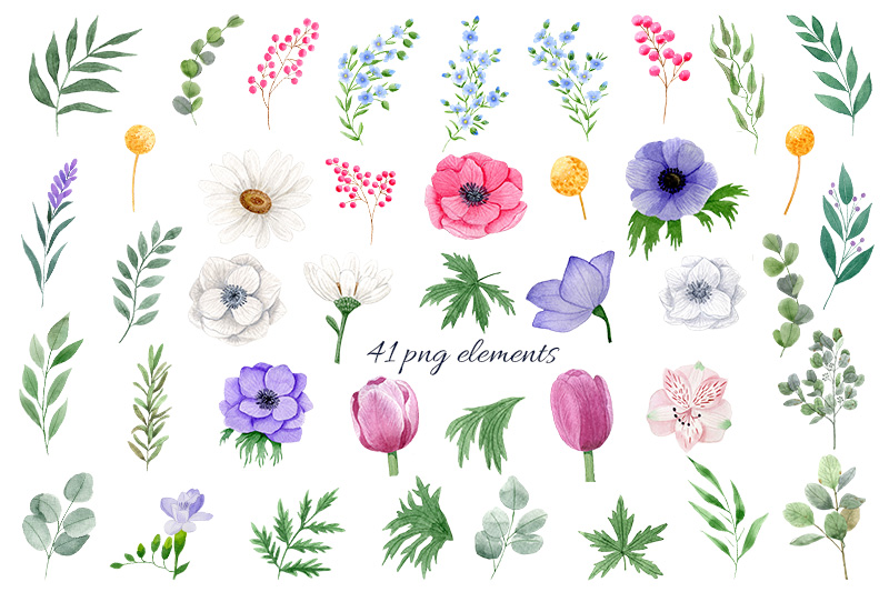 Watercolor Flower Bouquets of Anemones, Tulips, Daisies elements.