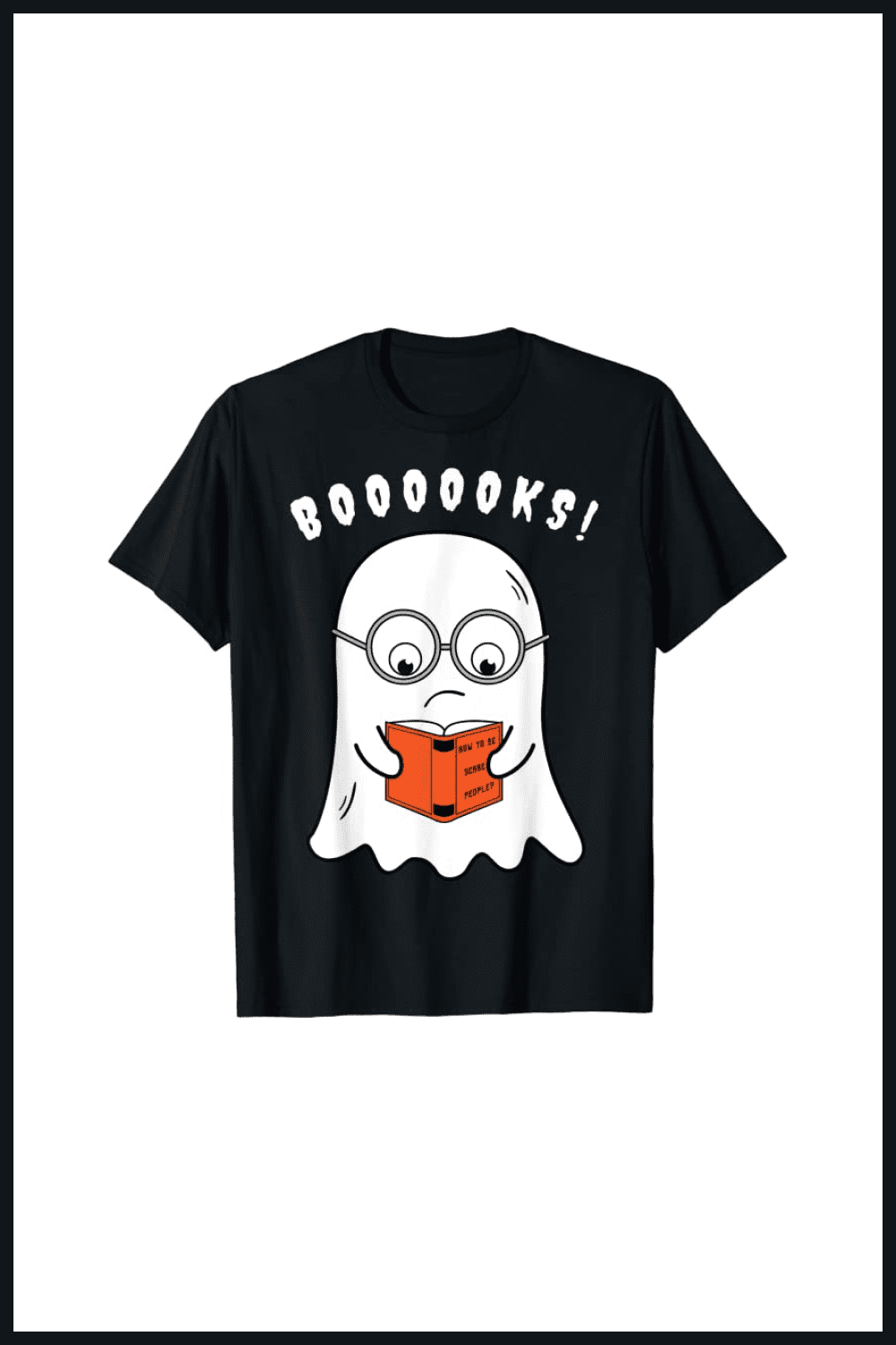 Black t-shirt with reading ghost in glasses.