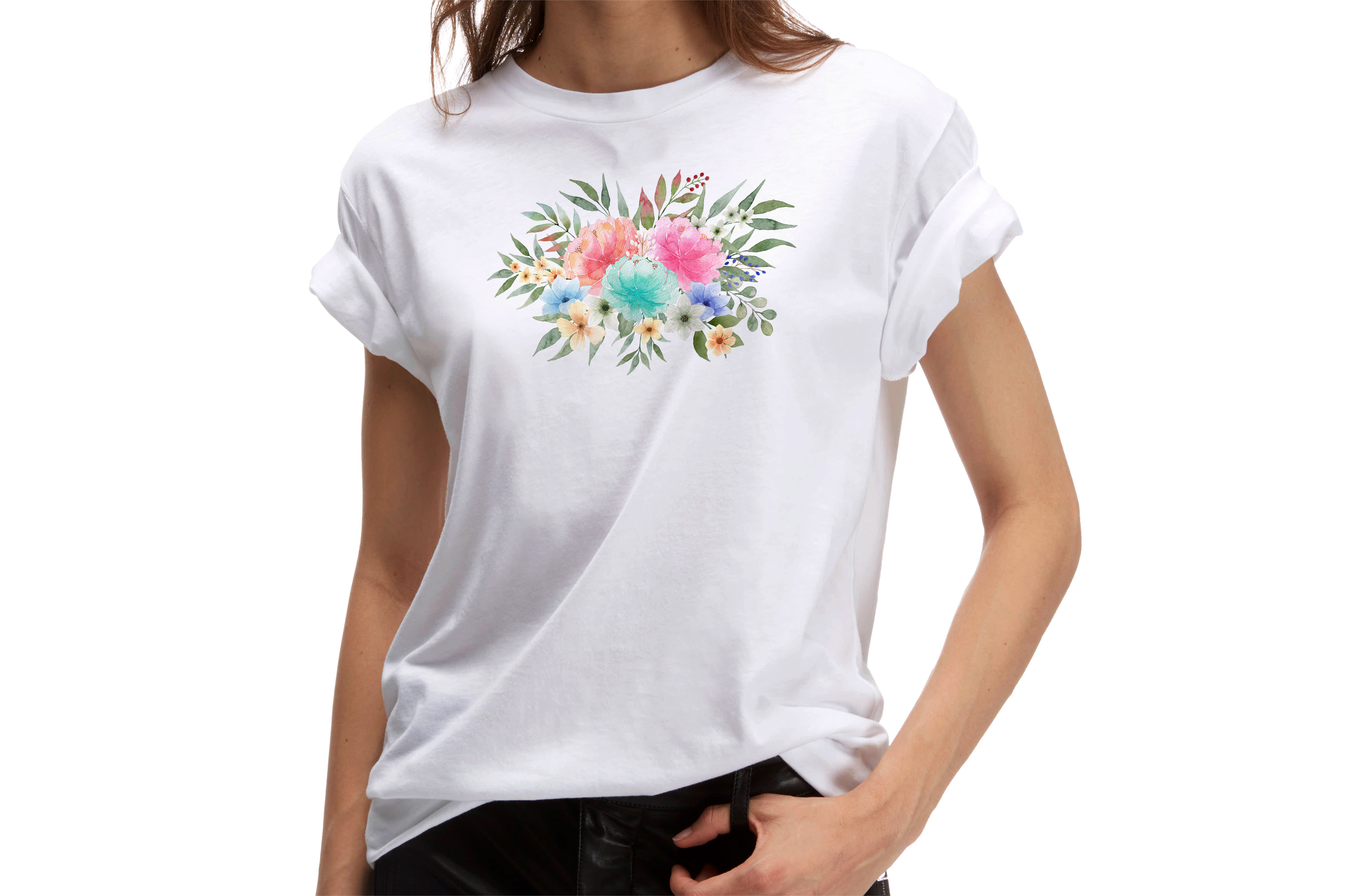 Watercolor Floral Design in Pastel Colors t-shirt mockup.