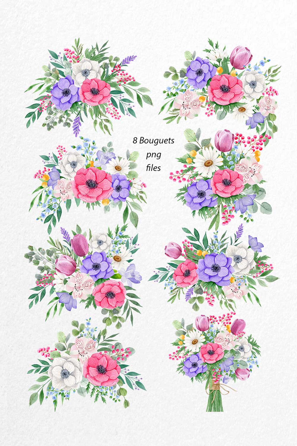 Watercolor Flower Bouquets of Anemones, Tulips, Daisies pinterest image.