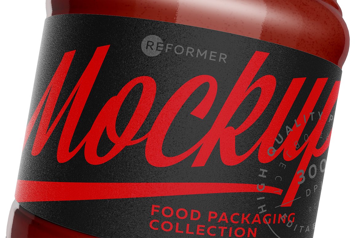 Black and red Label "Mockup" on the glass jar.