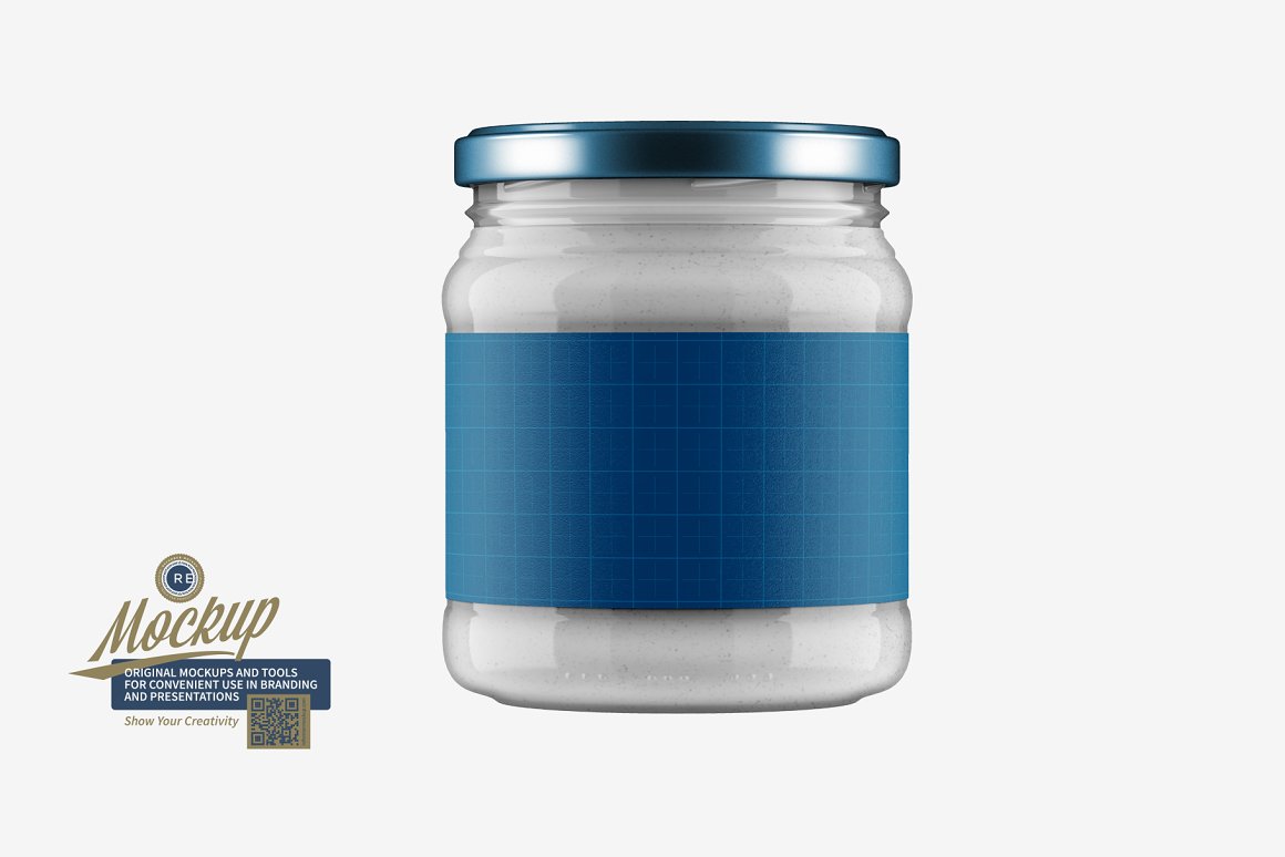 Glass Jar with blue label and blue cover.