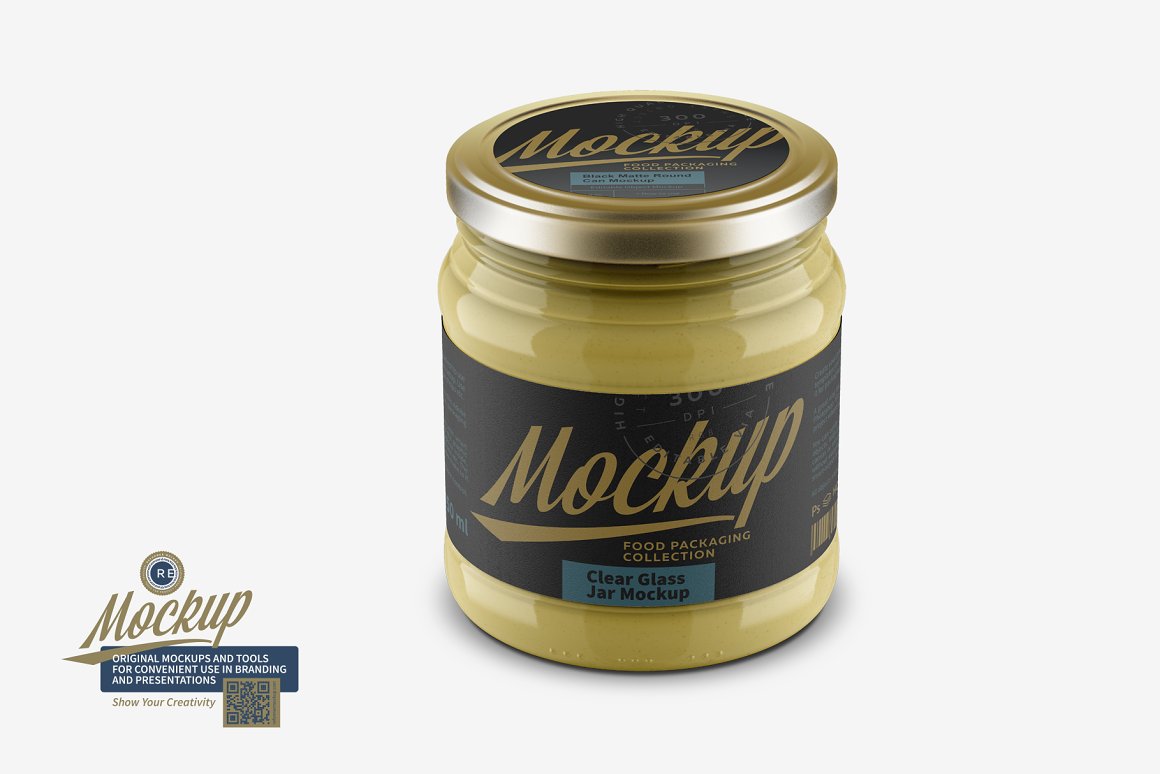 Gold Glass Jar with label "Mockup" and gold cover.
