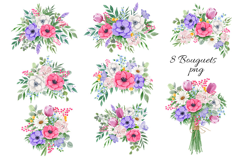 Watercolor Flower Bouquets of Anemones, Tulips, Daisies compositions.