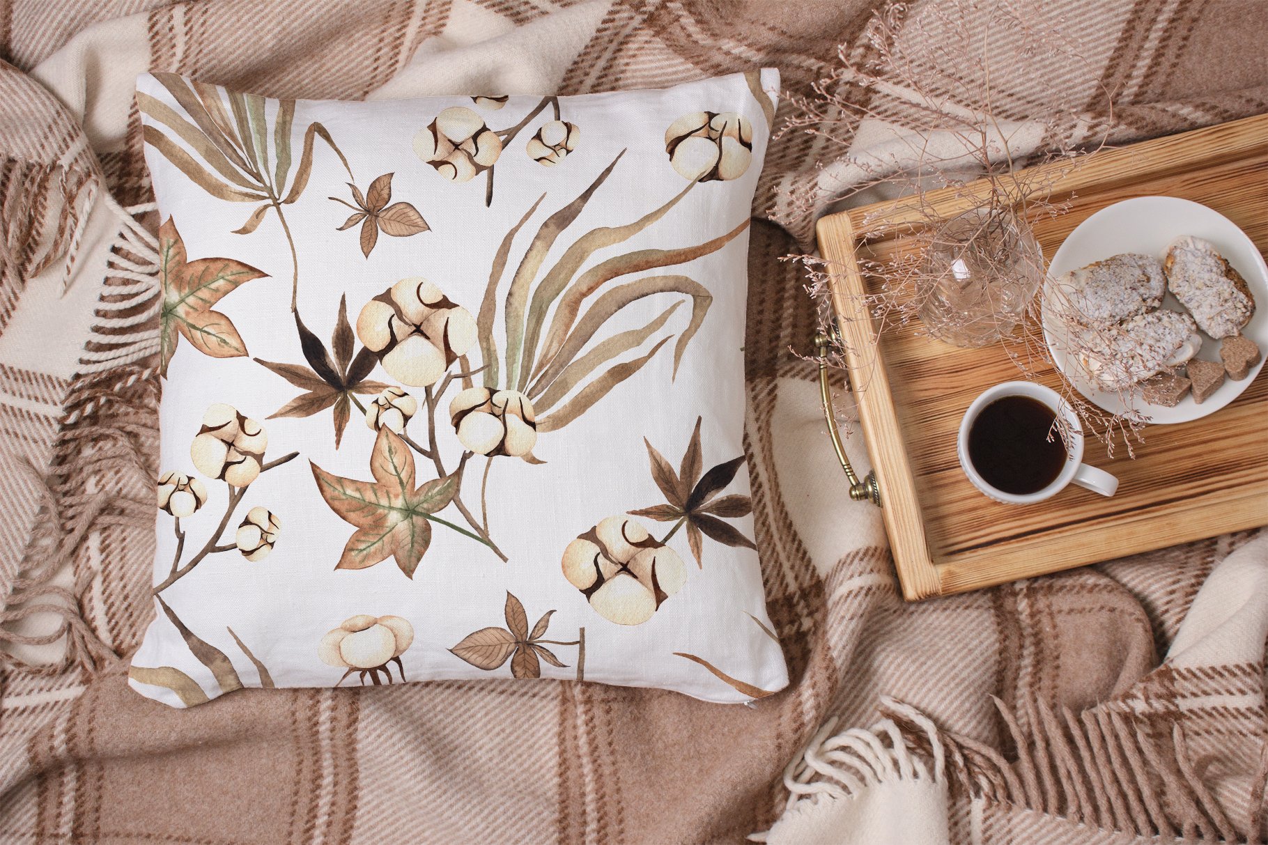 Small light decorate pillow with coconut illustrations.