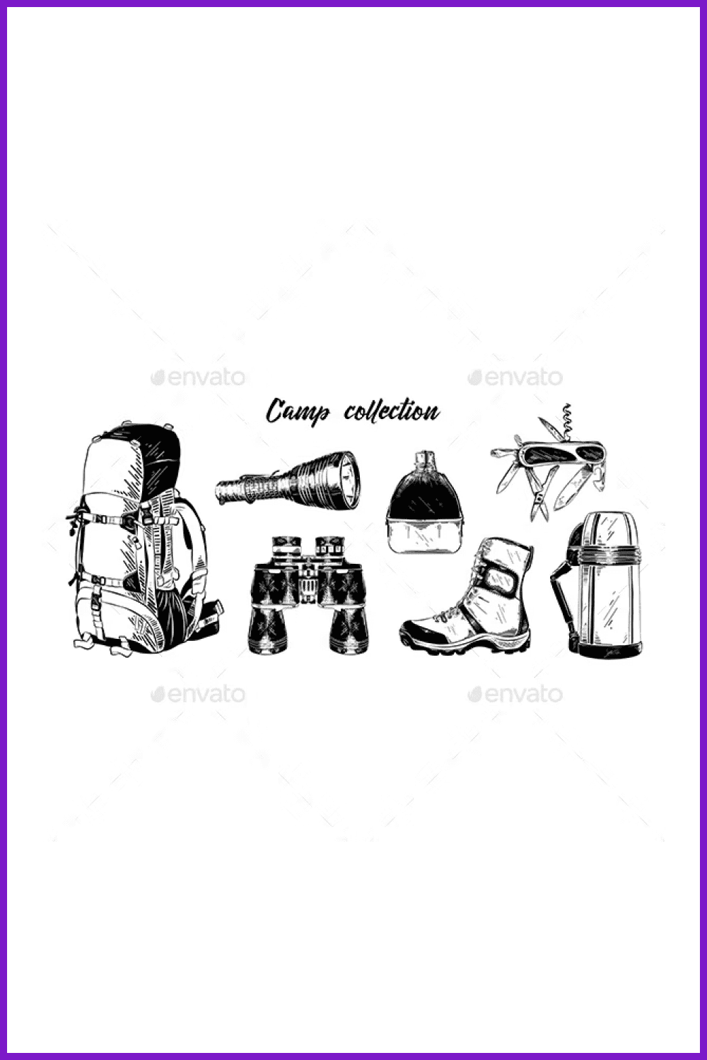 Hand Drawn Sketch Set of Camping Elements on a white background.