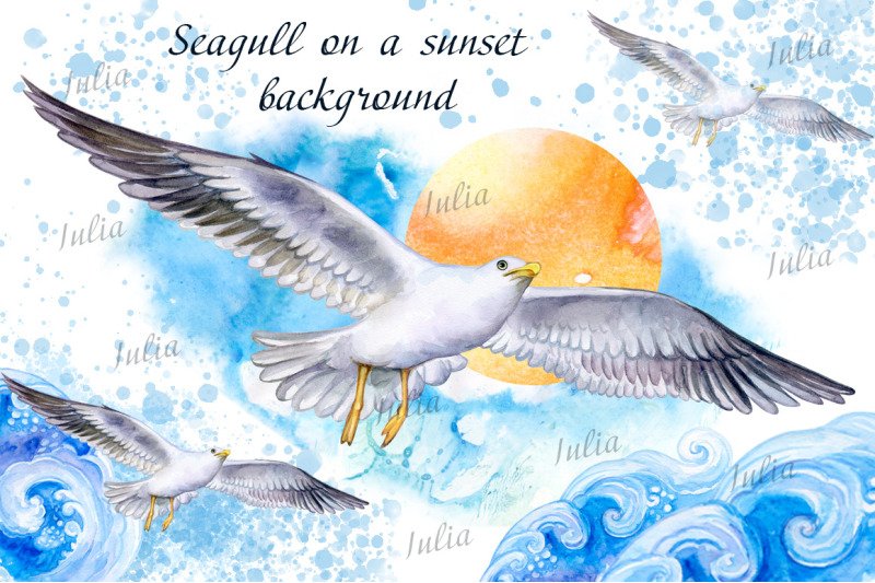 Watercolor high quality seagull illustration.