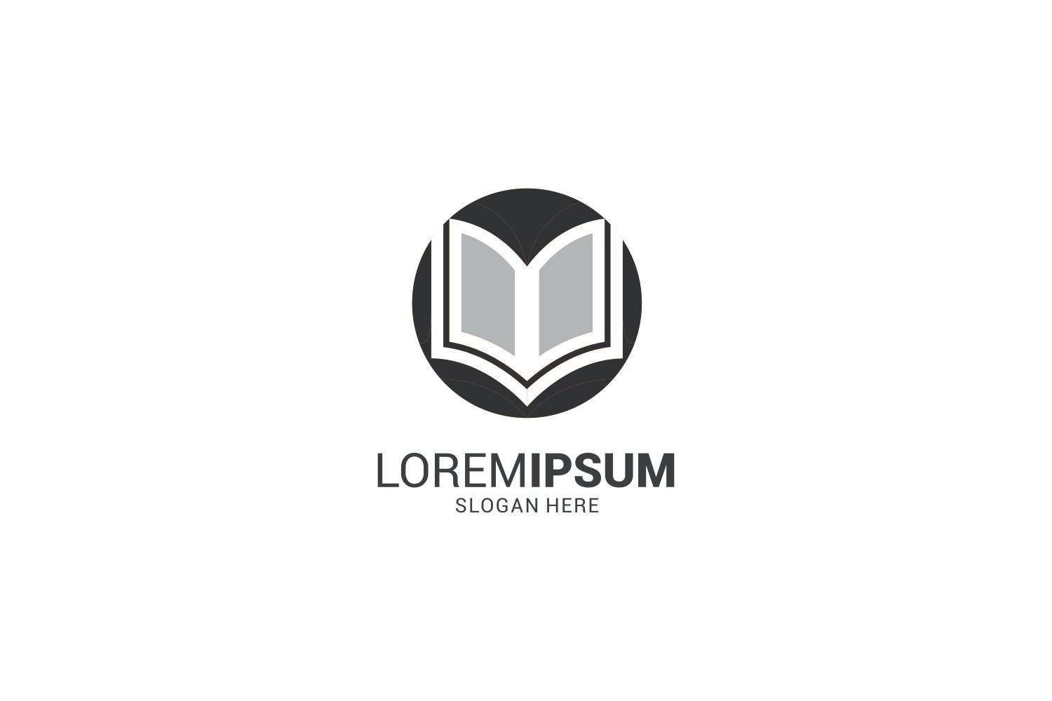 Grey open book logo with a dark border.