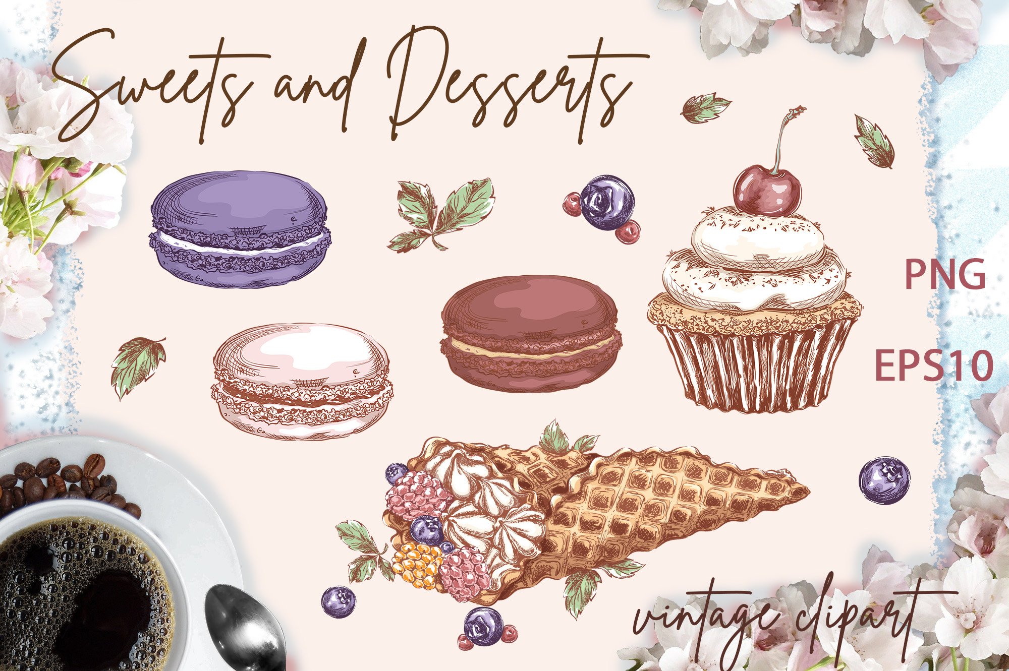Pastel illustrations with different kinds of desserts.