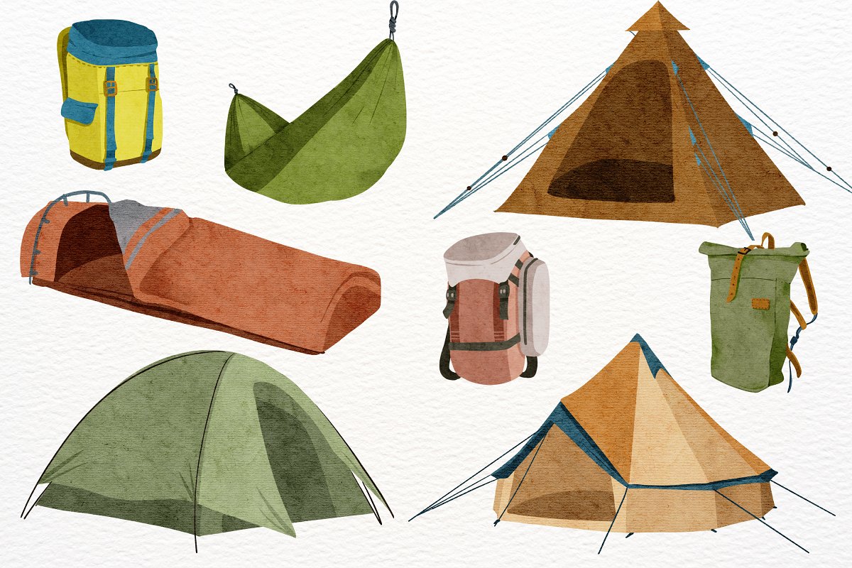 Watercolor camping tents.