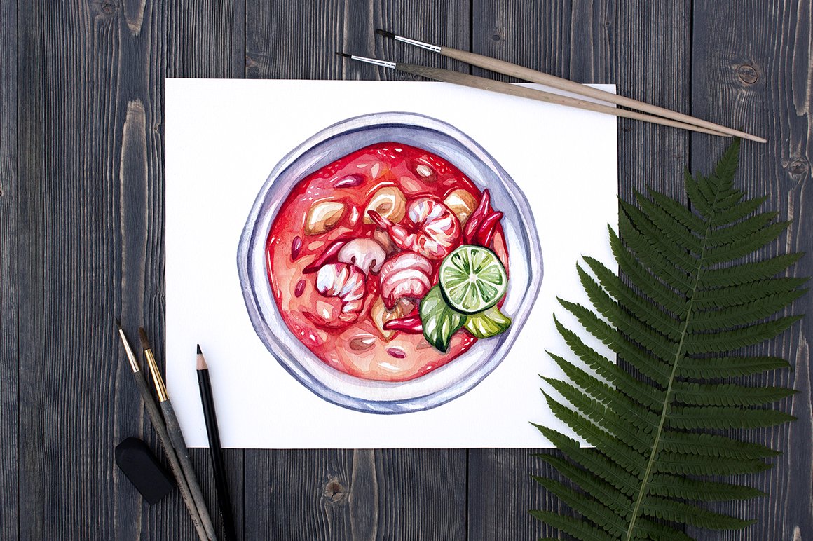White piece of paper with a colorful ramen illustration.