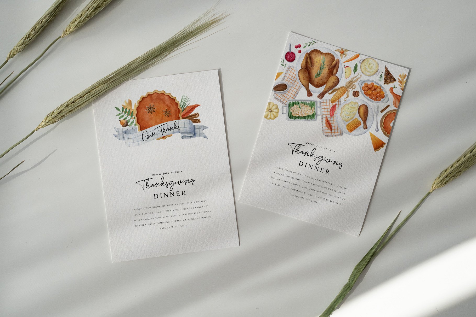 Minimalistic cards with THANKSGIVING illustration.