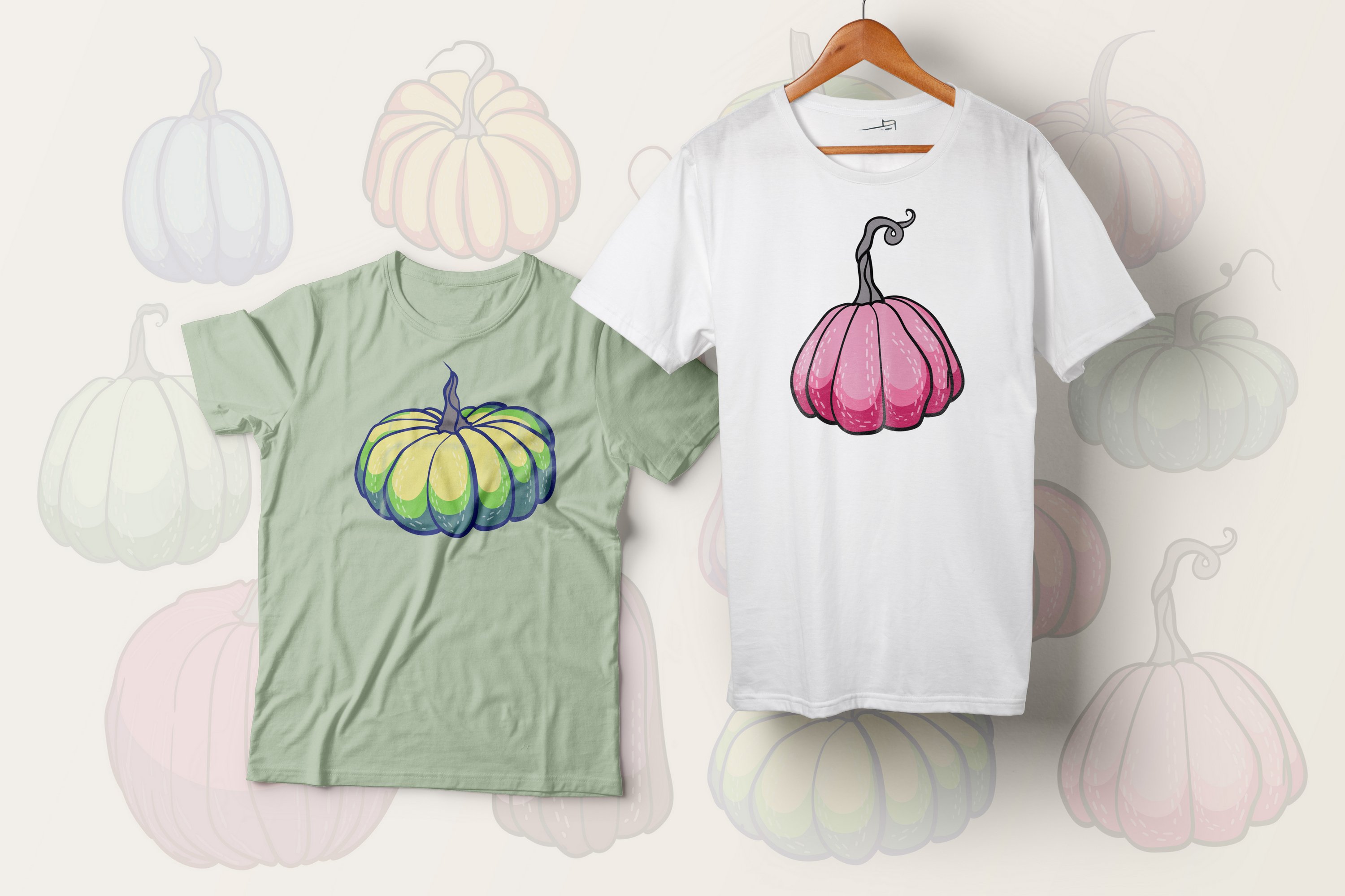 Two t-shirts with pumpkins illustrations.