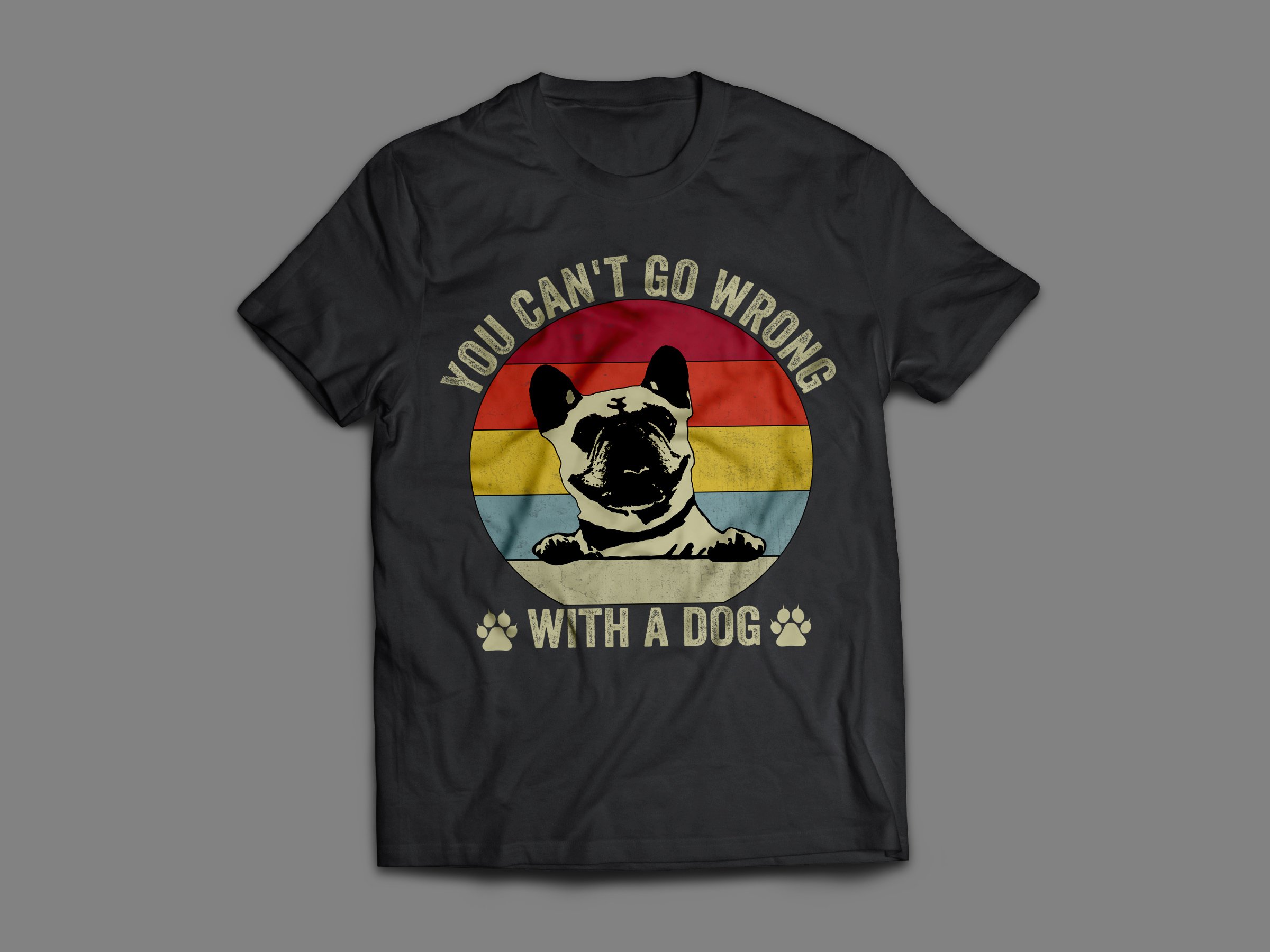 Simple black t-shirt with a so colorful dog.