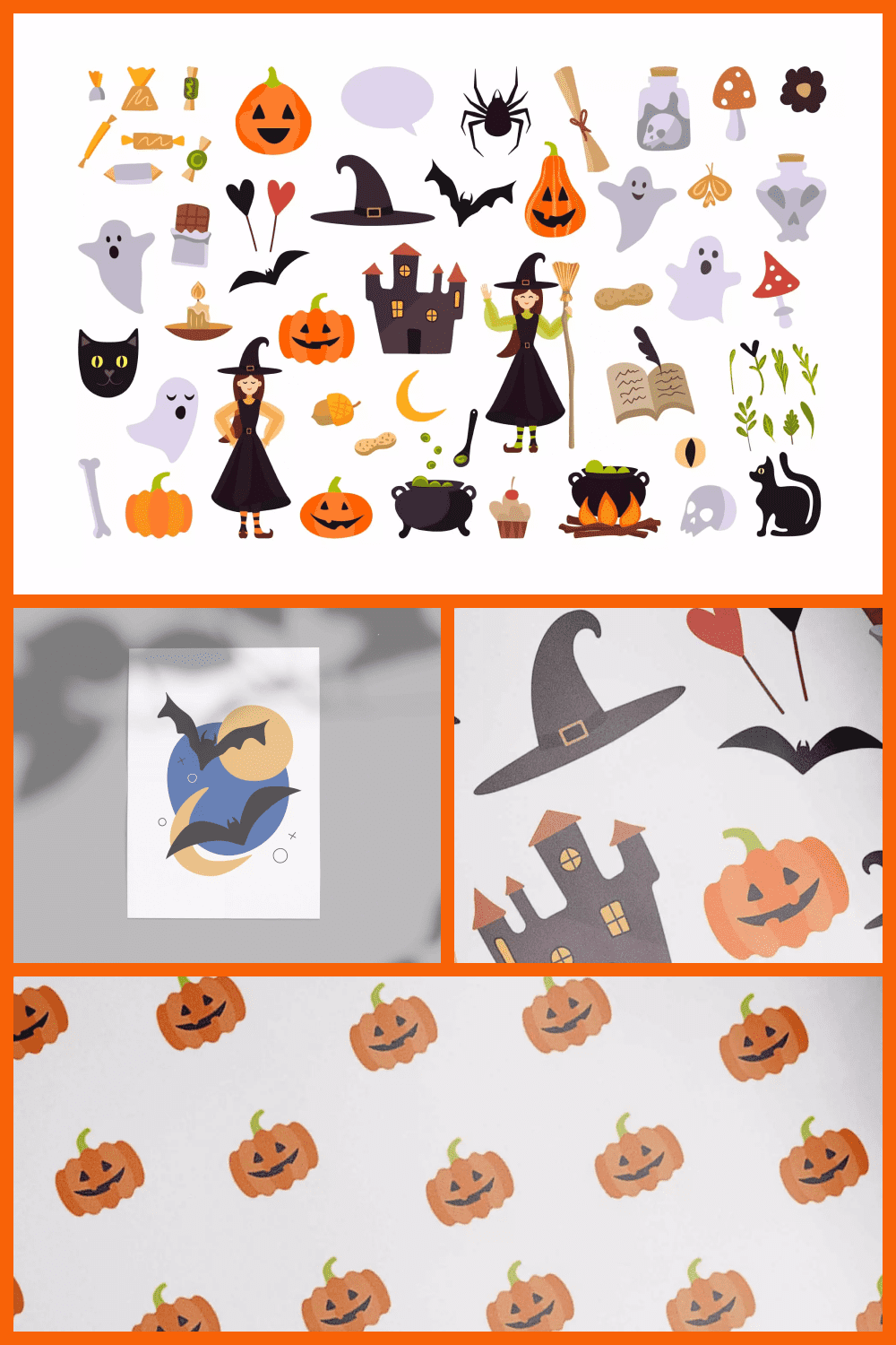Collage of drawn pumpkins, witches, cauldrons, ghosts on a white background.