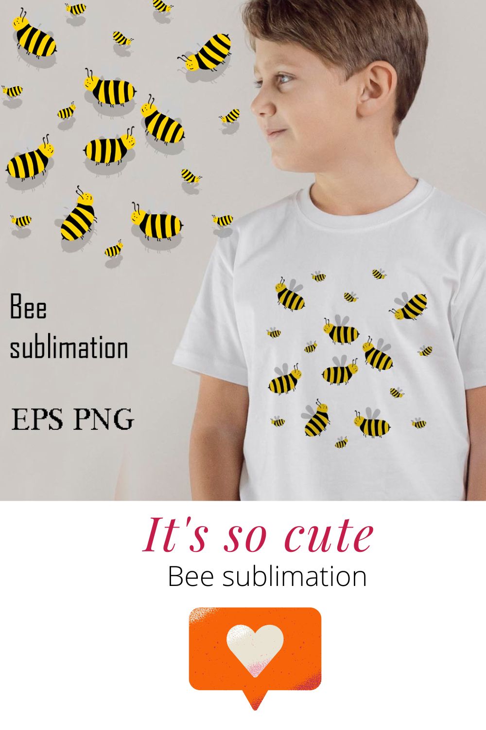 Young boy wearing a bee t - shirt with the words it's so.