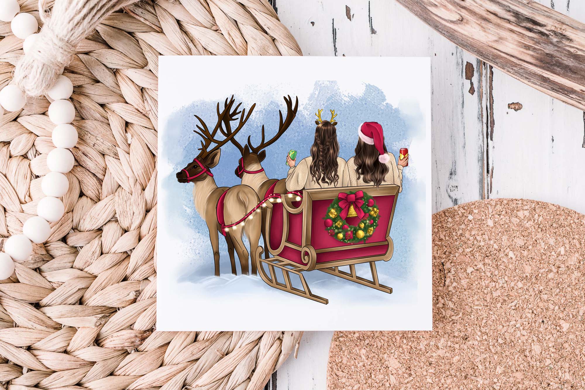 Friends in a Sleigh with Reindeer for print.