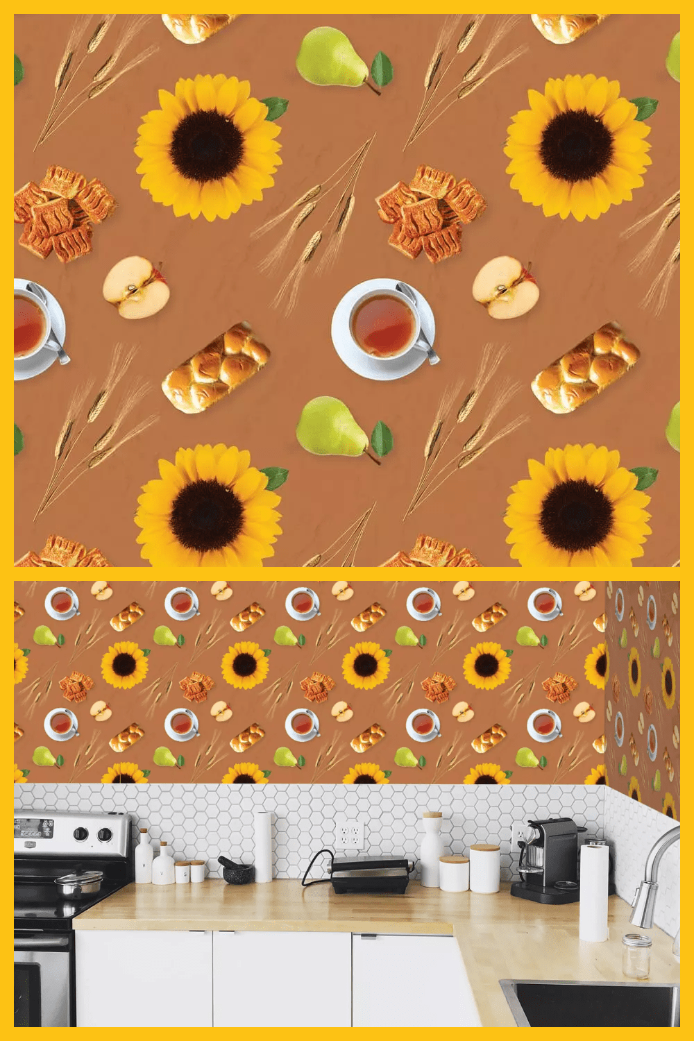 Sunflowers, a cup of tea, a goose, an apple, a bun on the wallpaper on the kitchen wall.