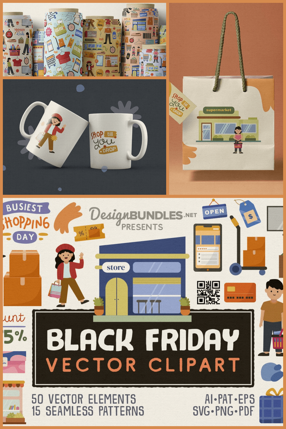 Mix of clipart with customers, shops, goods, on a mug, bag and wrapping paper.