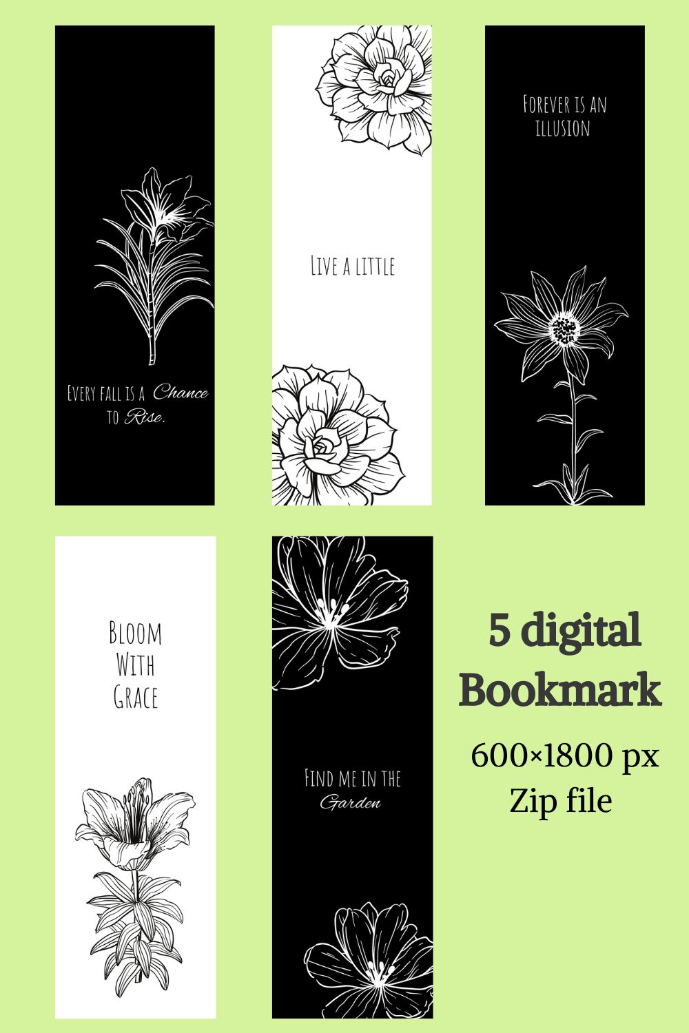 Black and White Digital Printable Bookmark pinterest image.
