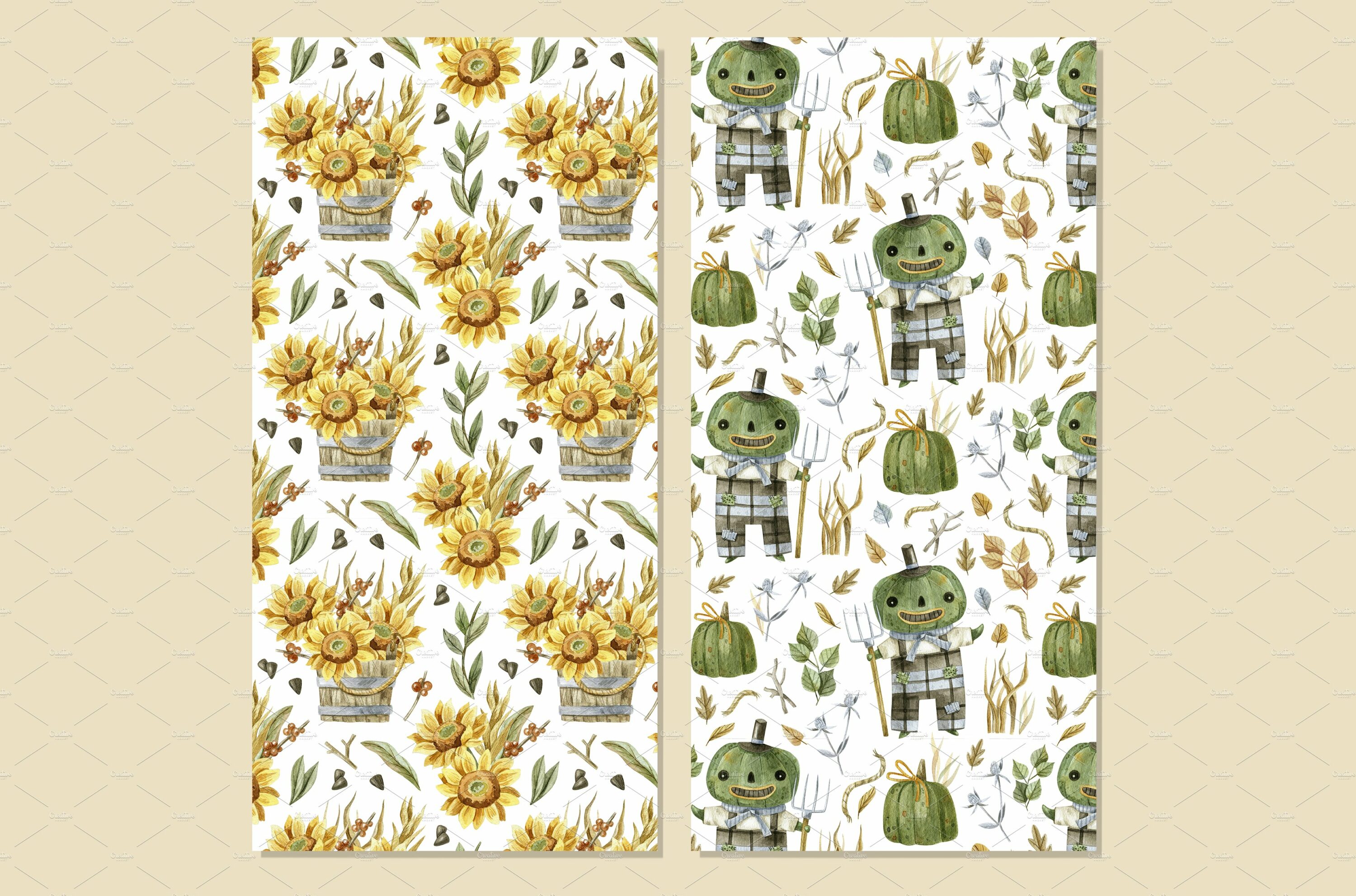 Two patterns with pumpkins and wild flowers.