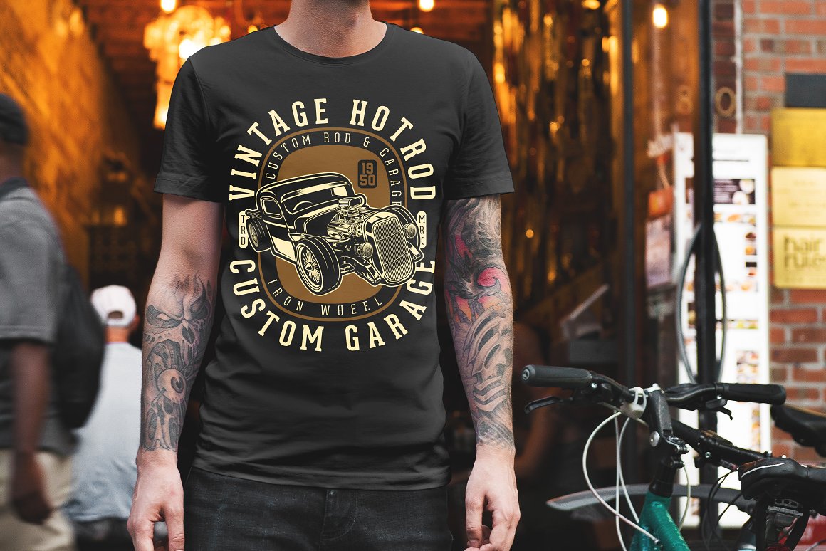 Black t-shirt with image of a hot-rod car.