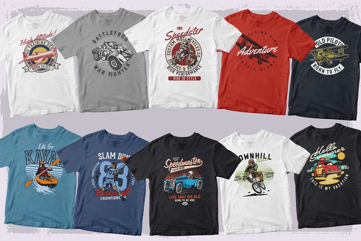 Collection of 10 colorful t-shirts.