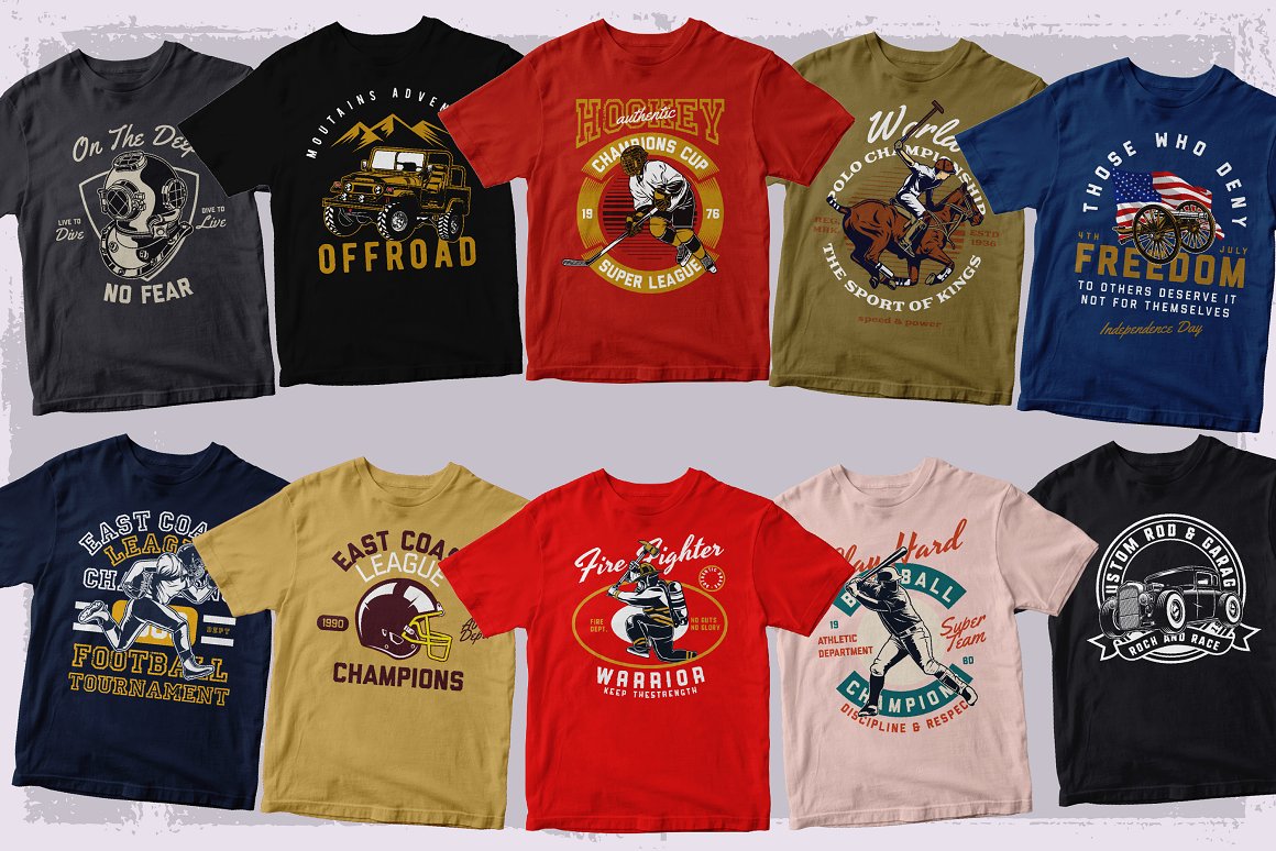 Cover collection of 10 colorful t-shirts.