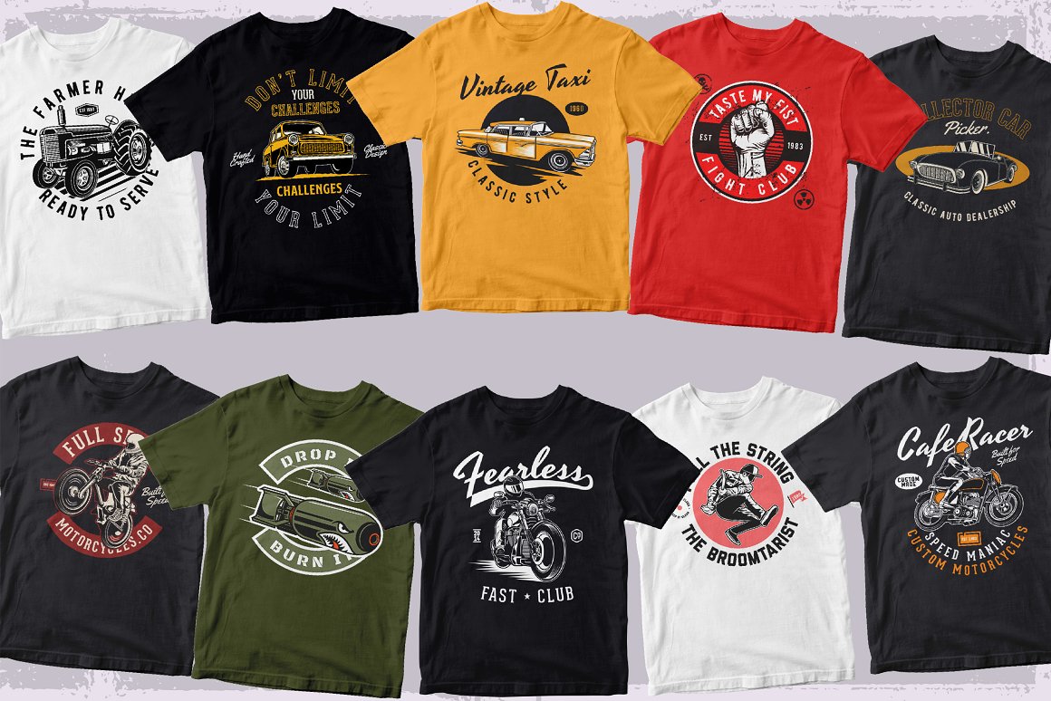 Collection of 10 colorful t-shirts cover.