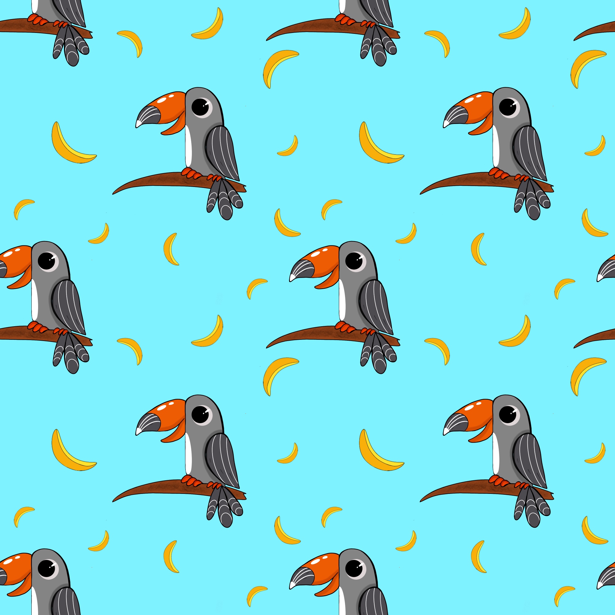 Cute Seamless Patterns With Dinosaur and Cockatoo, cockatoos on blue background.