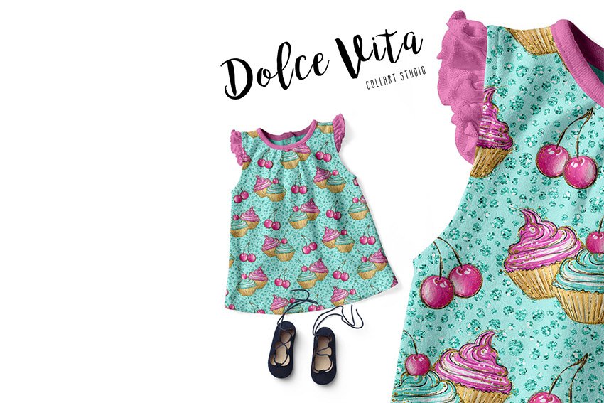 Delicate girl's dress with a macaroon illustration.