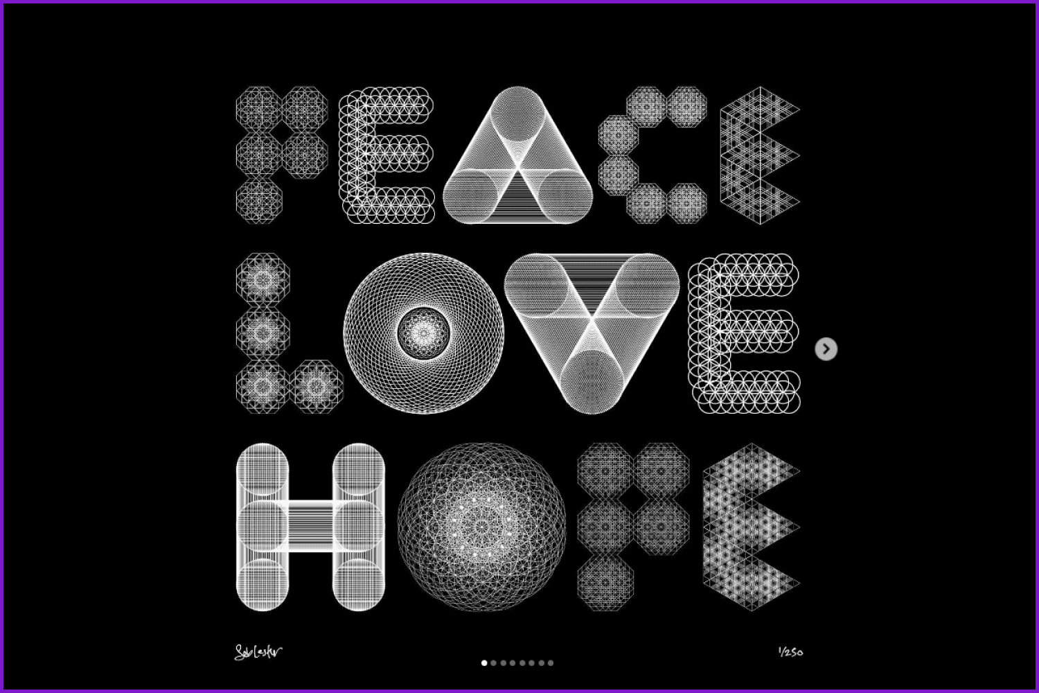 Words peace, love, hope in the form of geometric shapes on a black background.