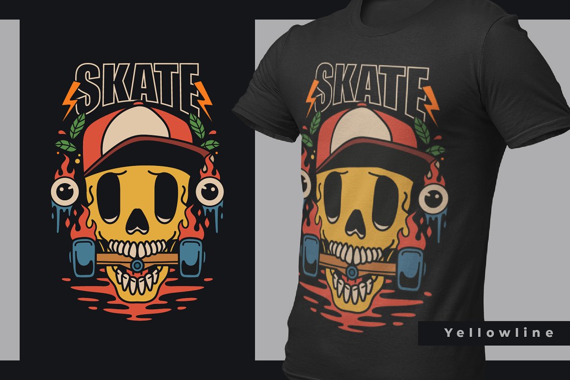 Black t-shirt with the image of character on the theme of skateboarding.