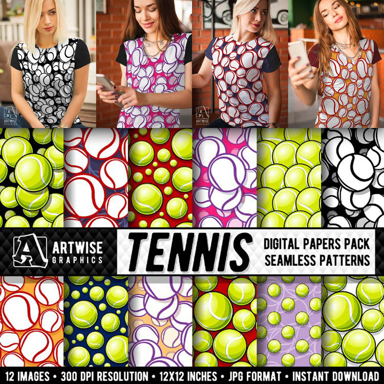 Tennis Balls Seamless Pattern Digital Paper Graphics cover.
