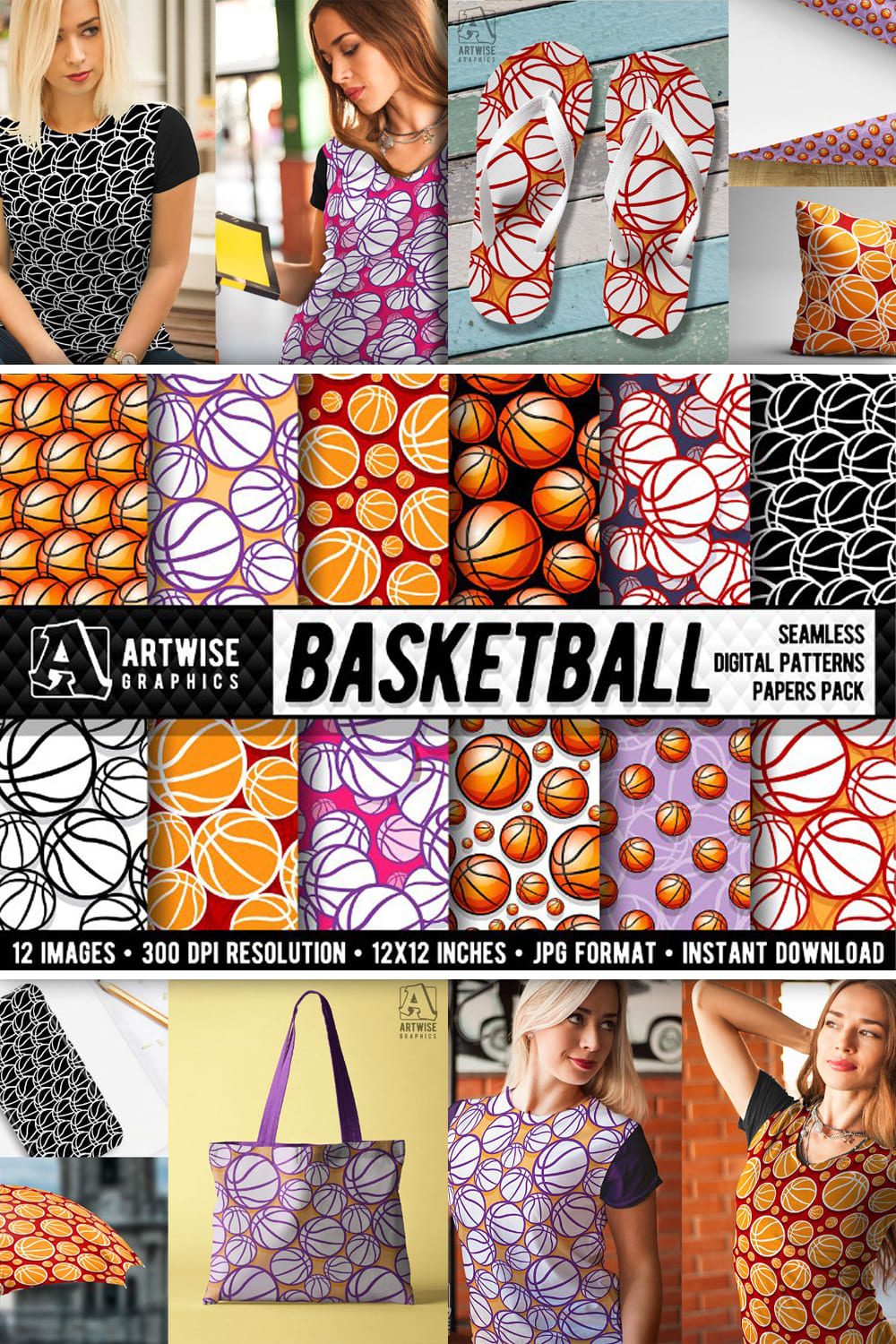 Basketball digital paper graphics - pinterest image preview.