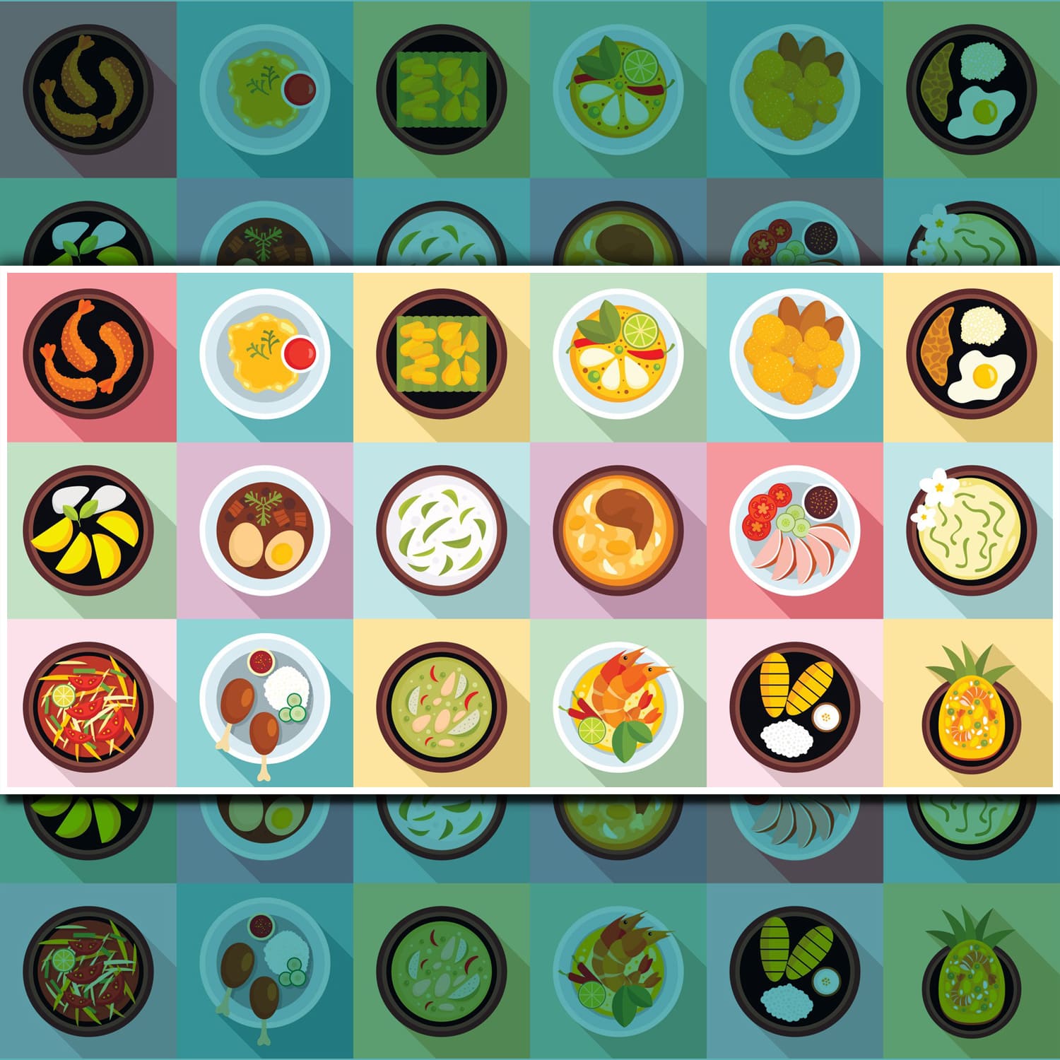 Thai food icons set, flat style cover.