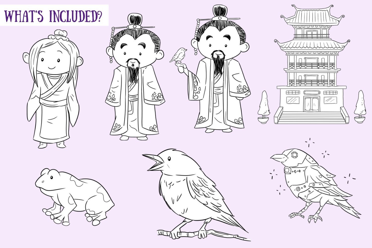 Lilac background with outline Kawai characters.