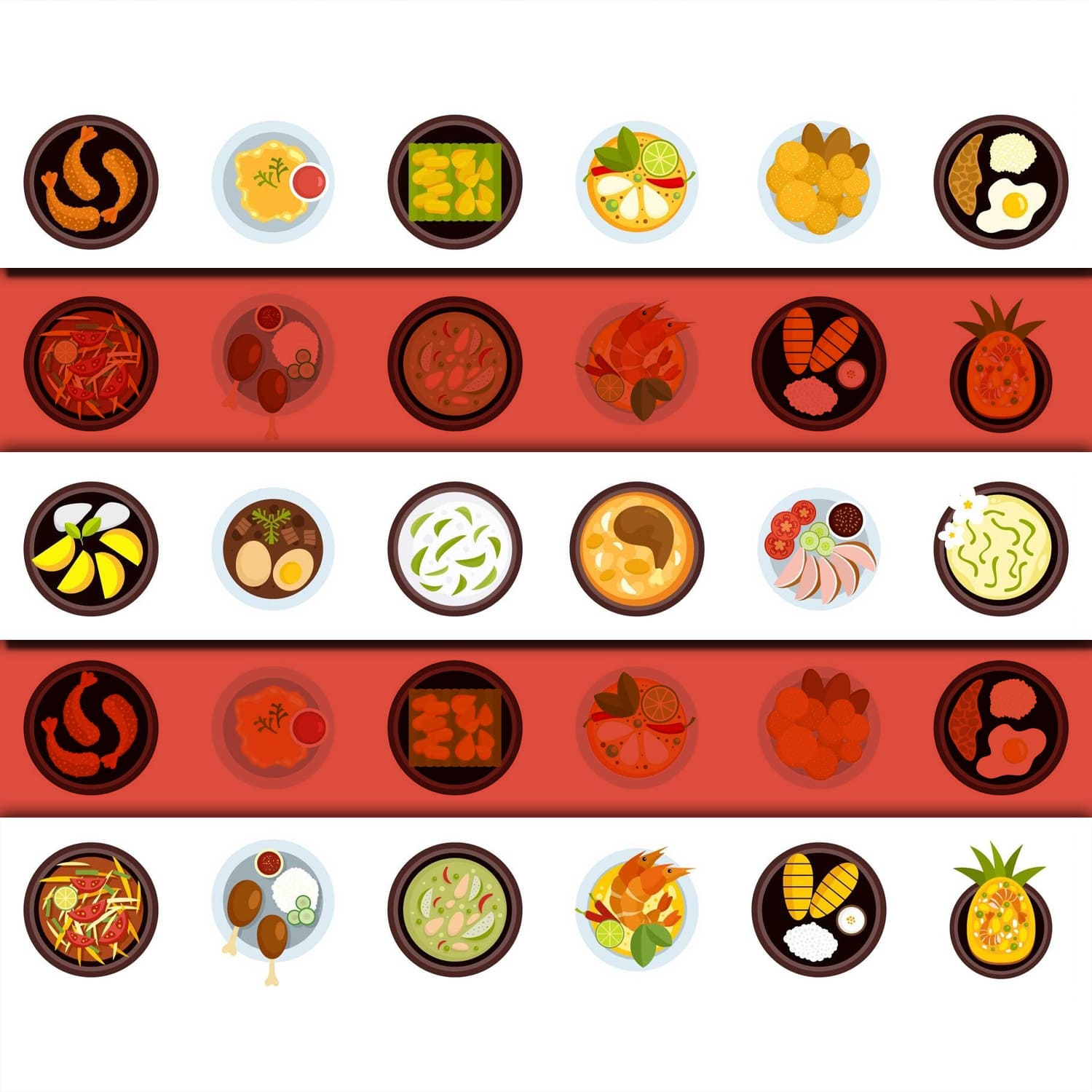 Thai food icons set, flat style cover.