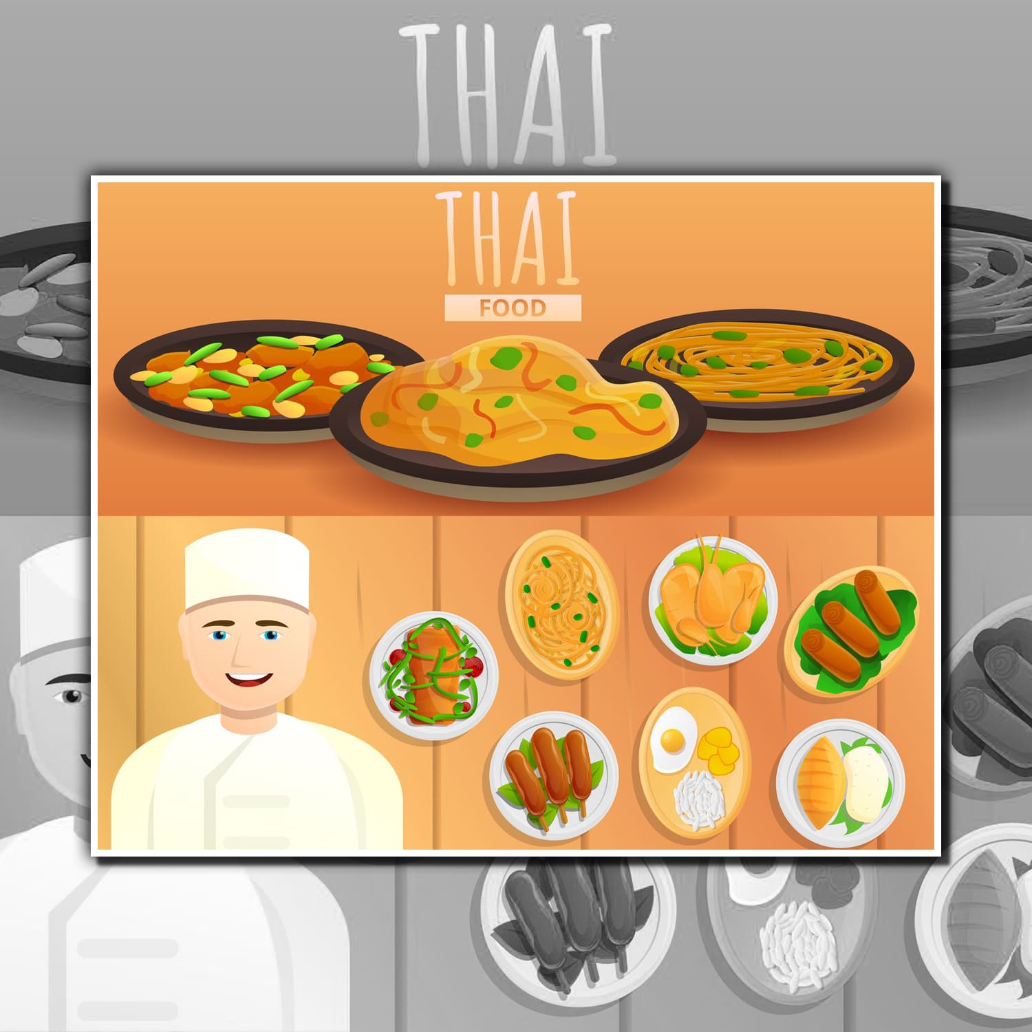 Thai food banner set, cartoon style cover.