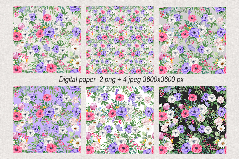 Watercolor Flower Bouquets of Anemones, Tulips, Daisies, digital paper.
