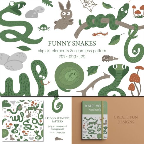 Set of cartoon images of snakes and other forest animals.