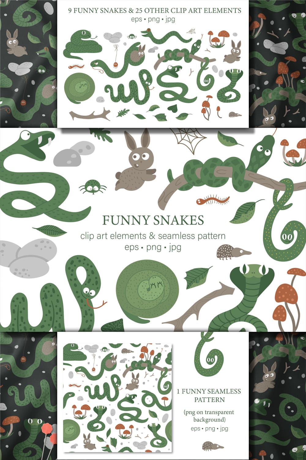 Set of funny snakes and other forest animals.