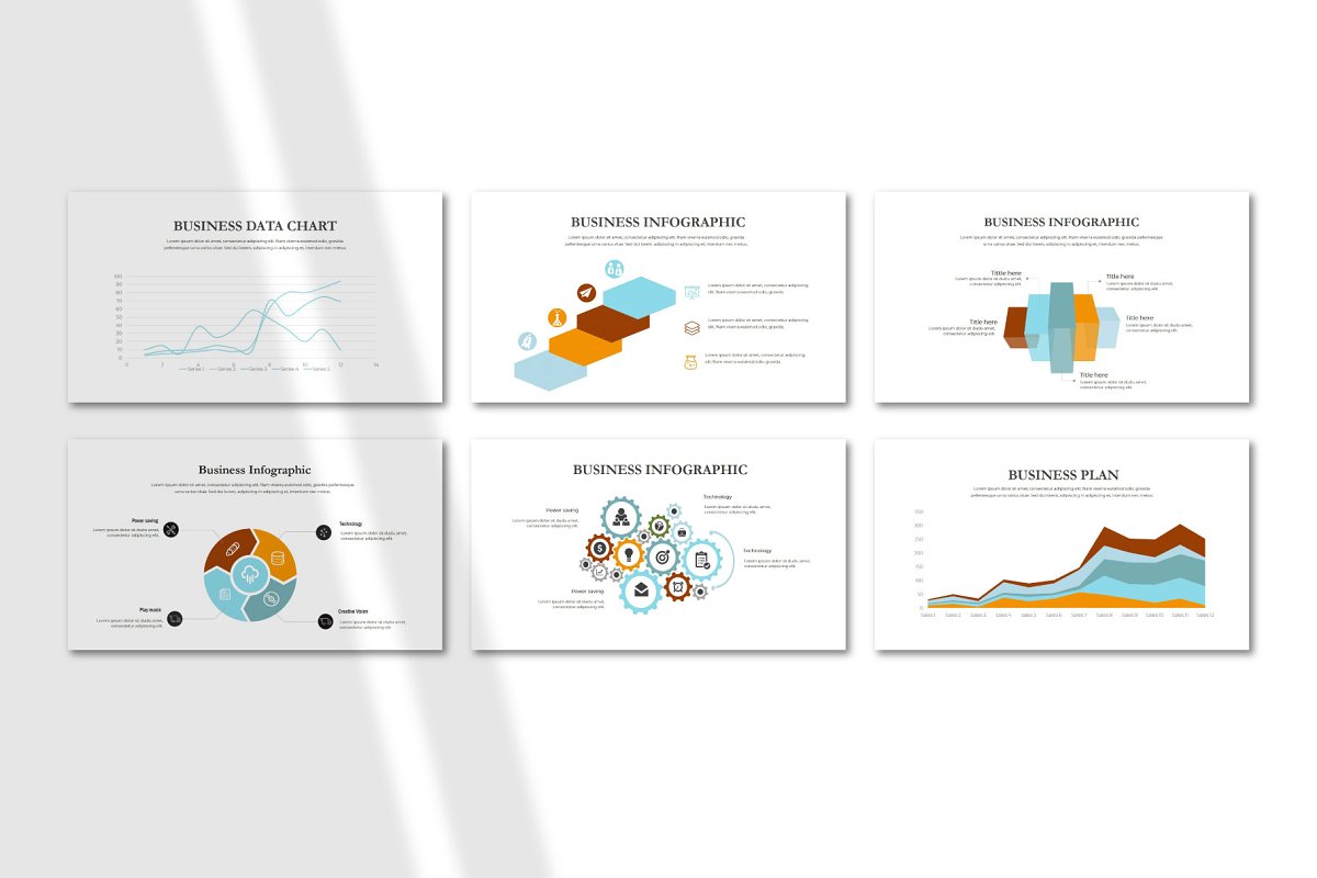 Creative and colorful business infographics on slides.