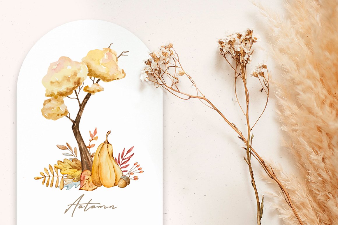 Delicate illustration with a plant in an autumn color.