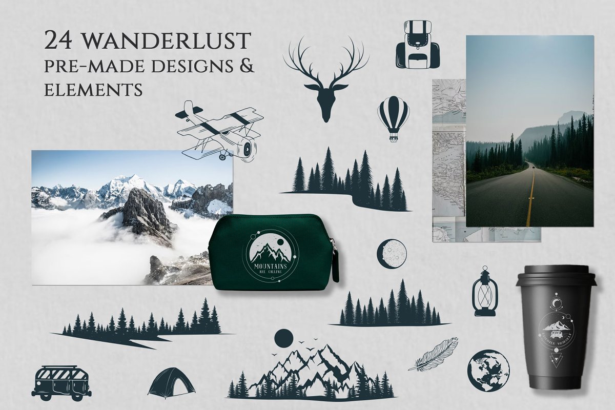 There are 24 wanderlust pre-made designs & elements.