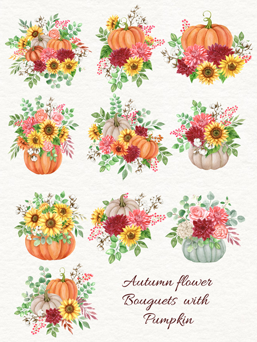 Autumn Collection of Watercolor Flowers and Pumpkins, autumn compositions.