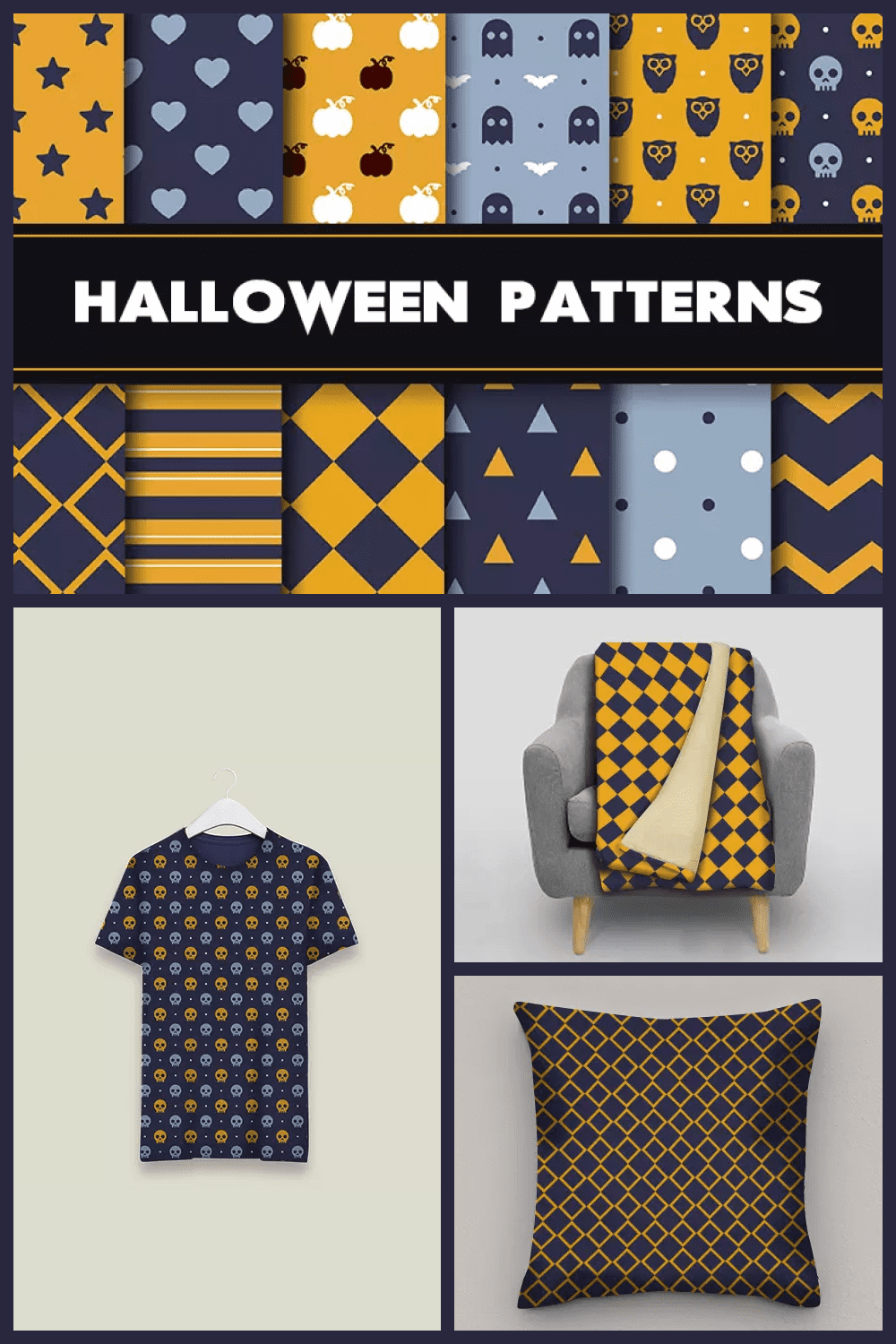 Collage of silhouettes of Halloween symbols on orange and blue background.