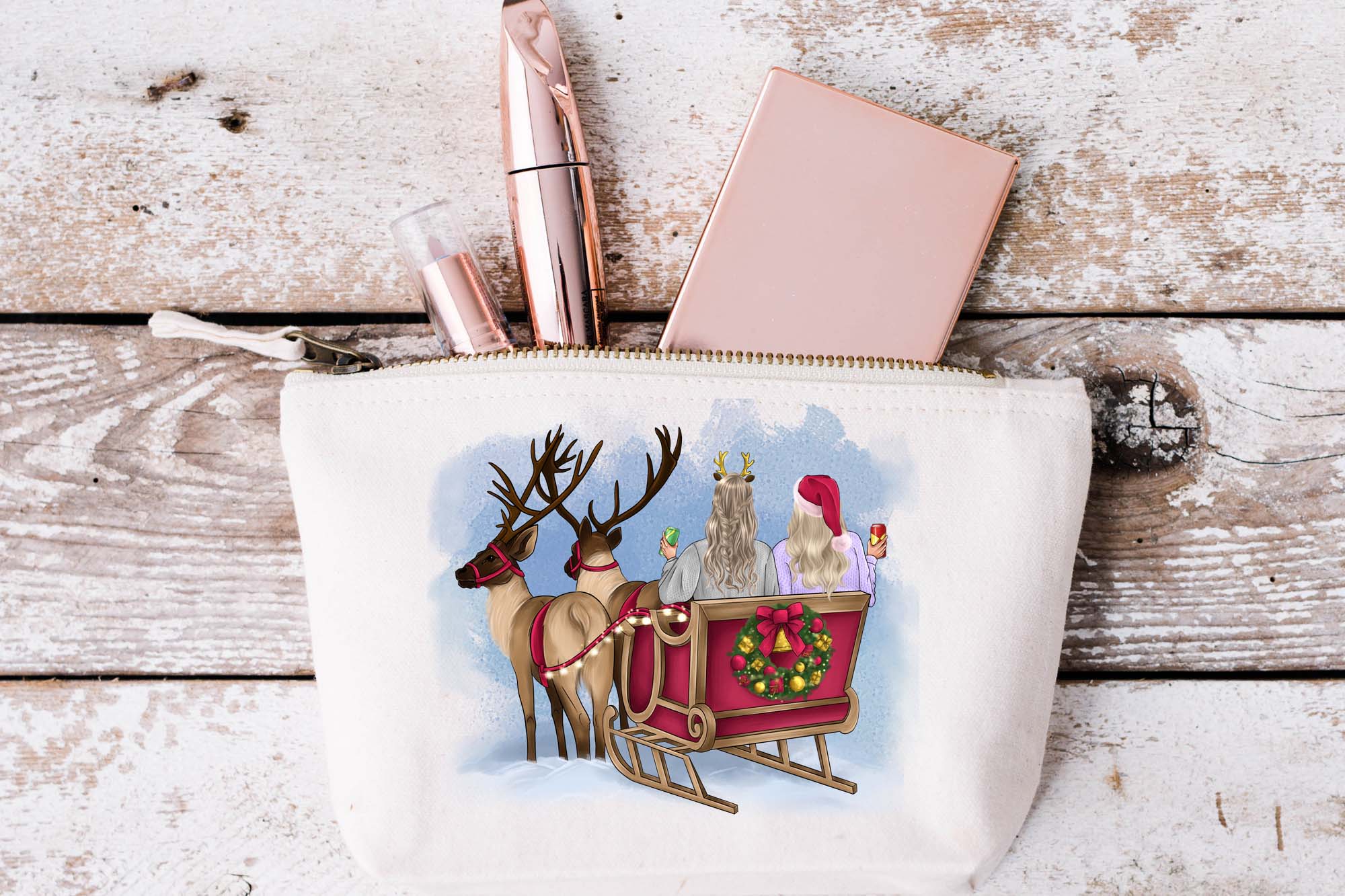 Friends in a Sleigh with Reindeer bag mockup.
