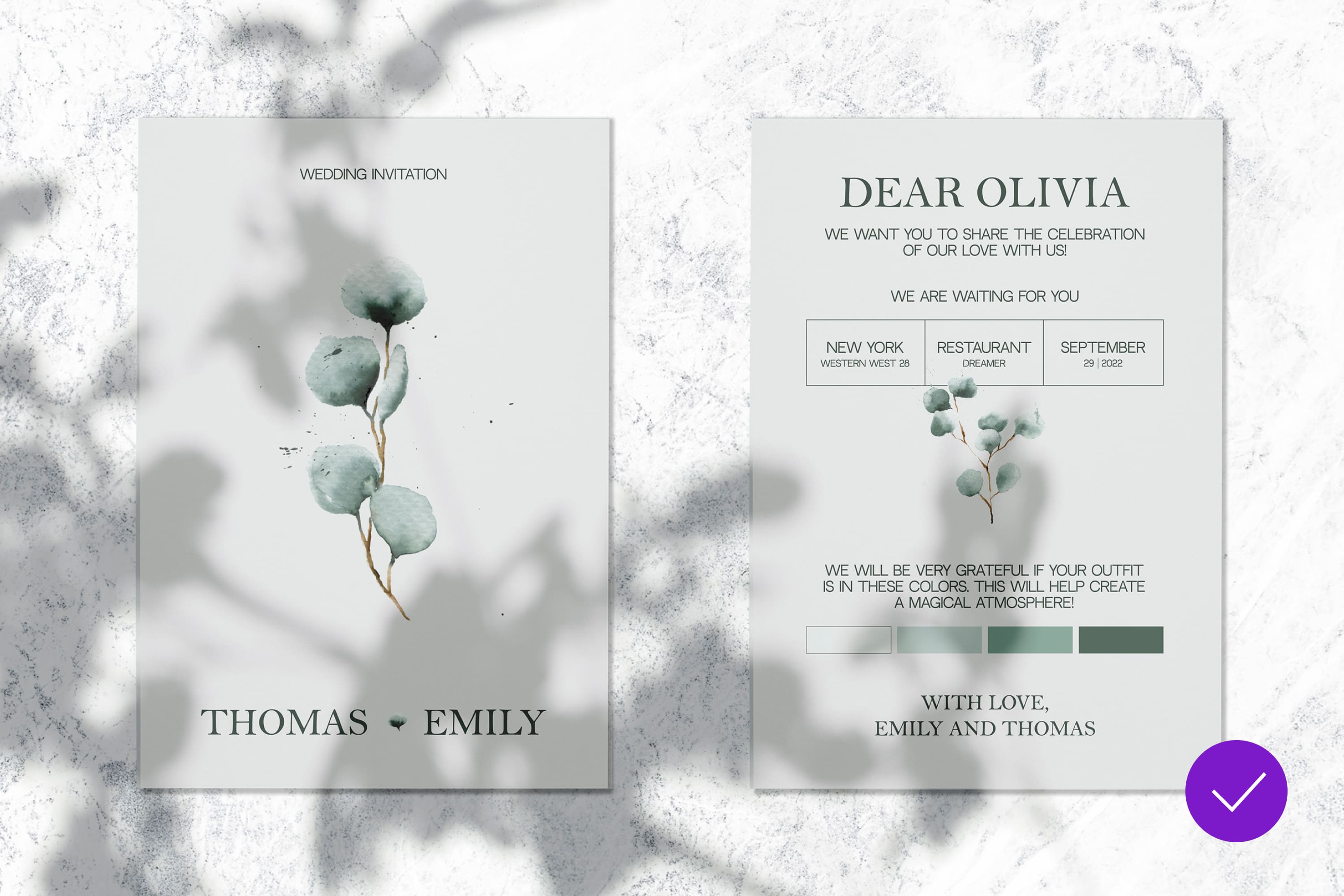 Two options for a wedding invitation in light colors with a flower on a gray background.